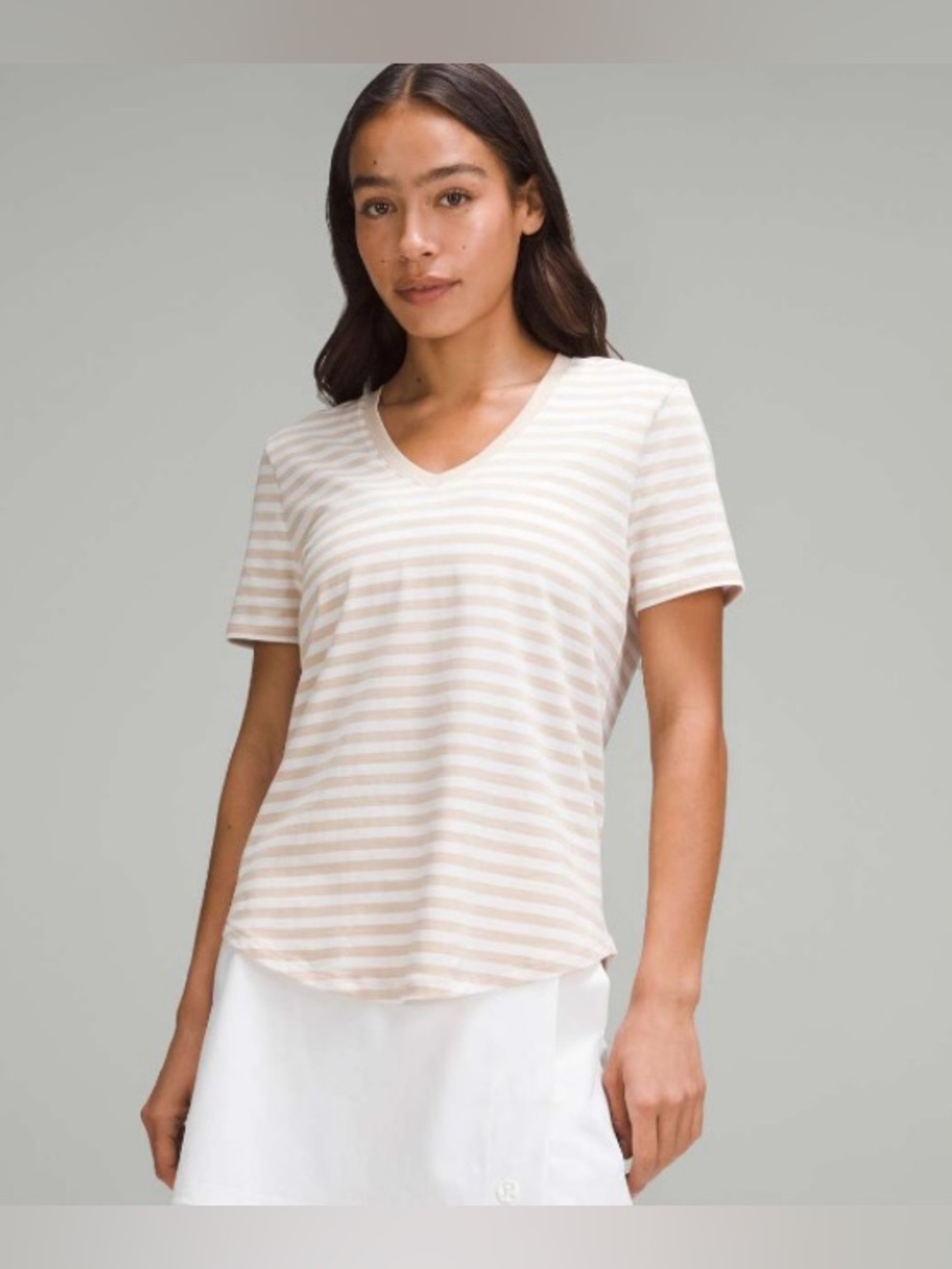 lululemon athletica Short Sleeve V-Neck Striped Tee in Cream and White